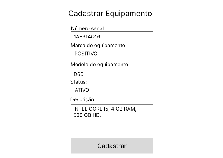 Tela Cadastrar equipamento