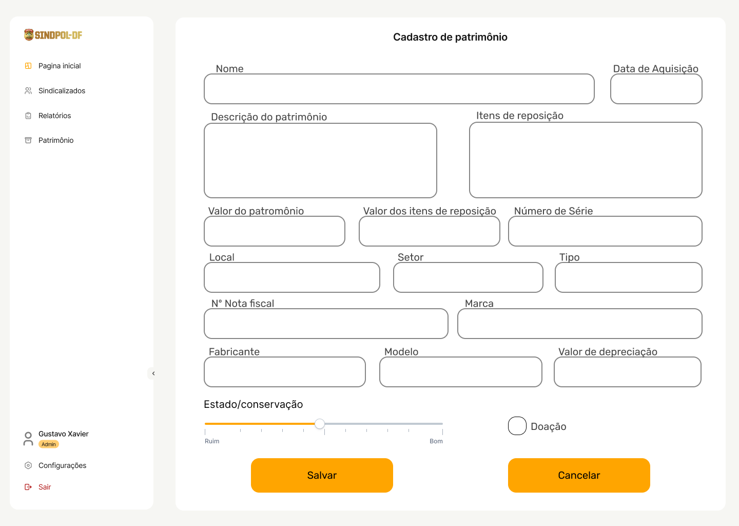 Tela de cadastrar patrimônio