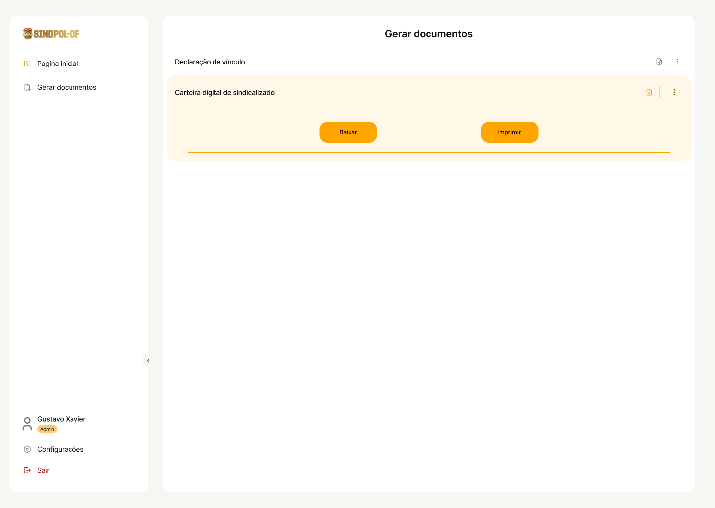 Tela de gerar documentos selecionado