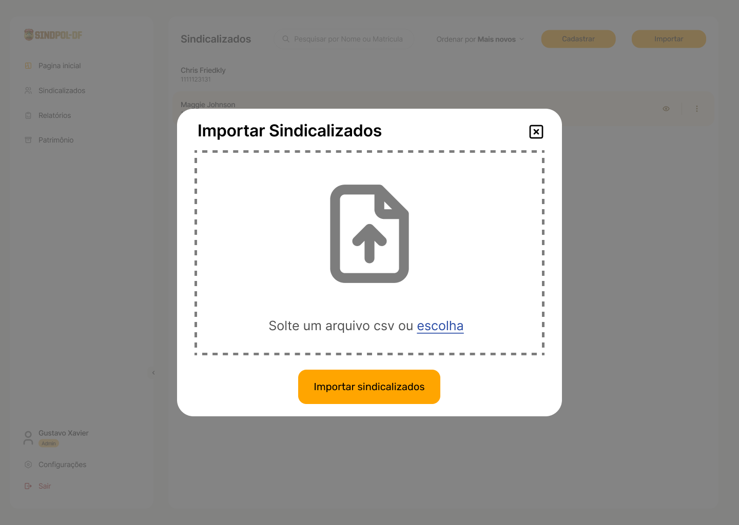 Tela de importar sindicalizados