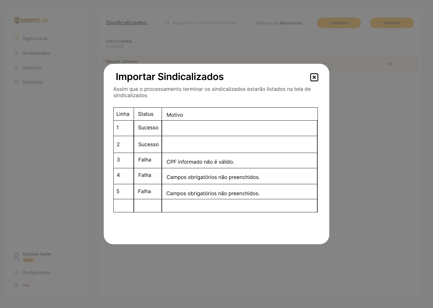 Tela de importar sindicalizados processando